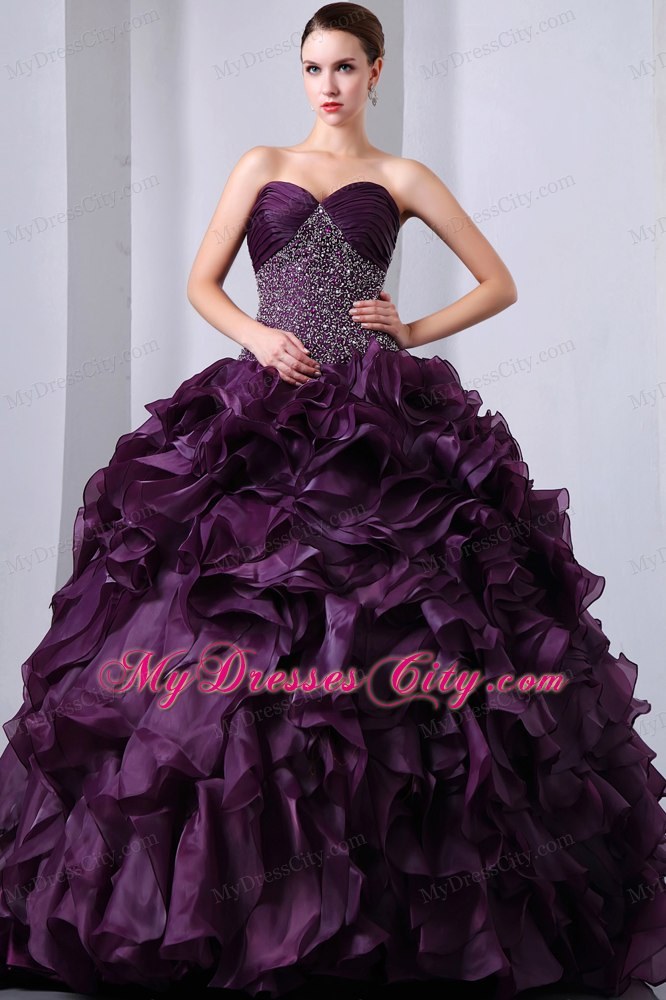 Hot Style Purple Brush Train Beading and Ruffles Quinceanera Dress