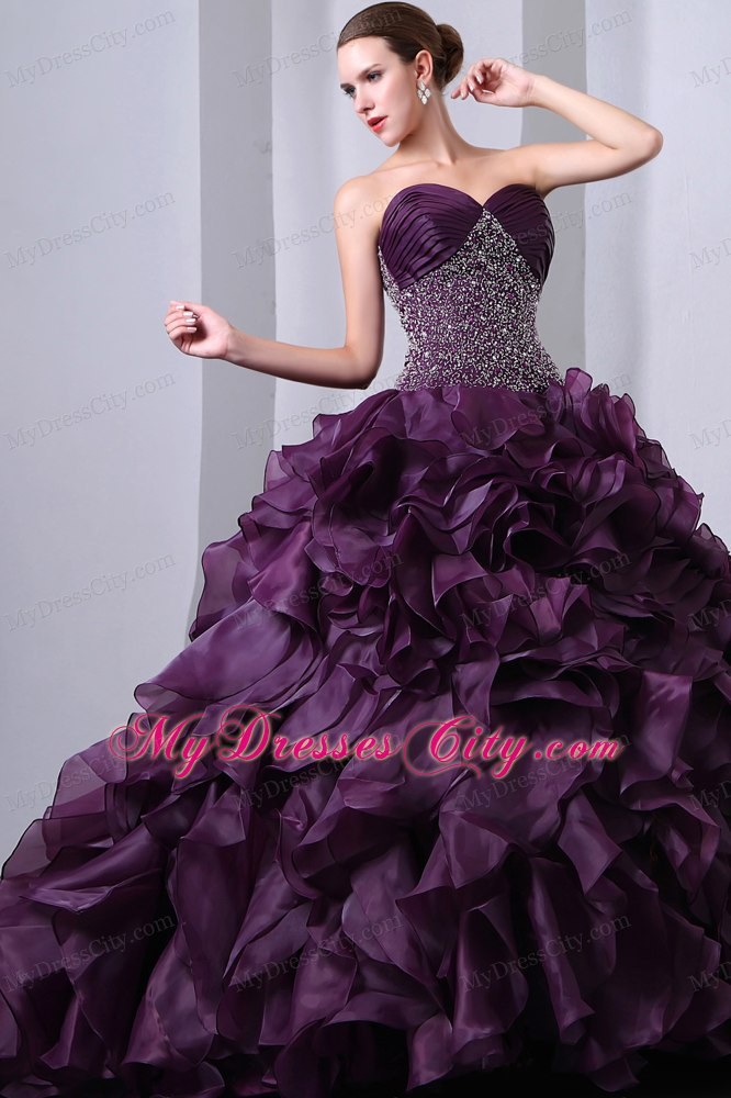 Hot Style Purple Brush Train Beading and Ruffles Quinceanera Dress