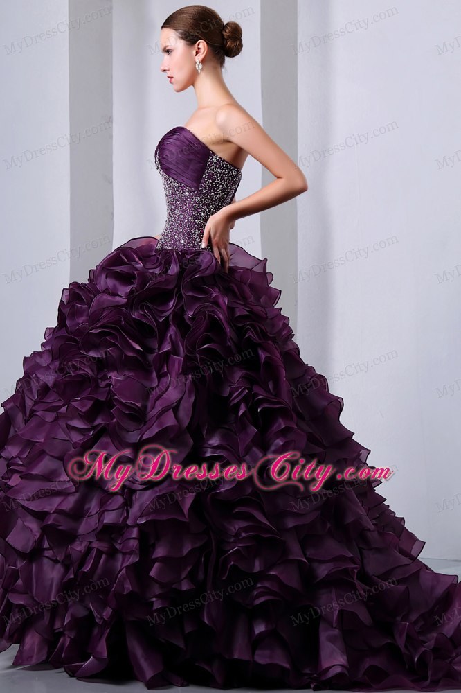 Hot Style Purple Brush Train Beading and Ruffles Quinceanera Dress