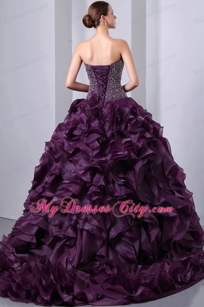 Hot Style Purple Brush Train Beading and Ruffles Quinceanera Dress