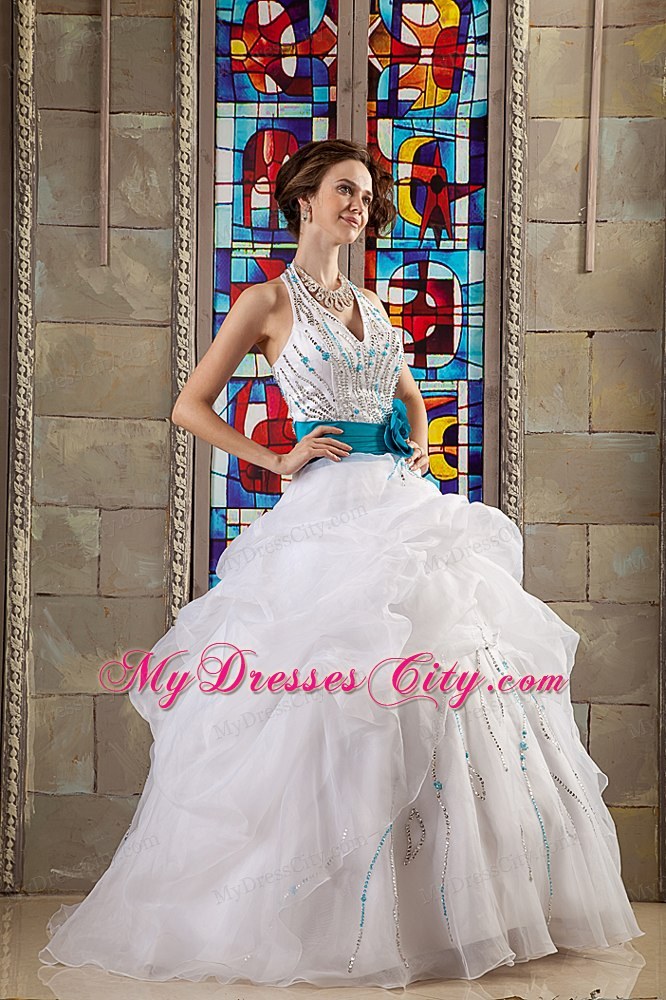 White Halter Quinceanea Dress with Hand-made Flowers Belt