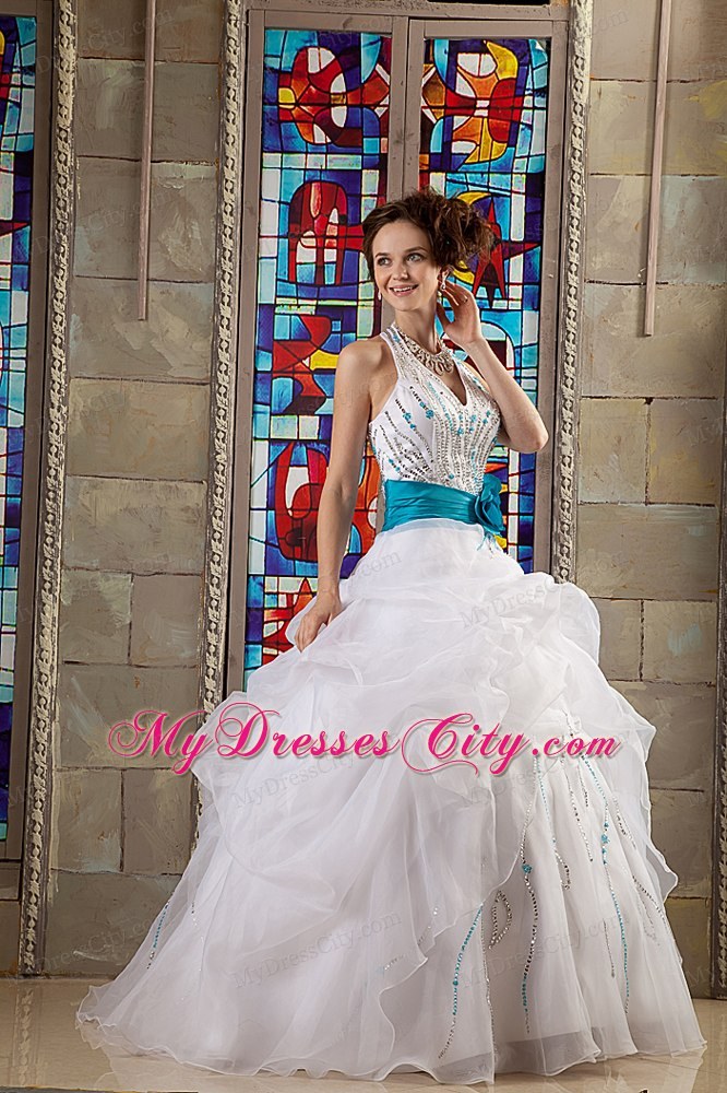 White Halter Quinceanea Dress with Hand-made Flowers Belt