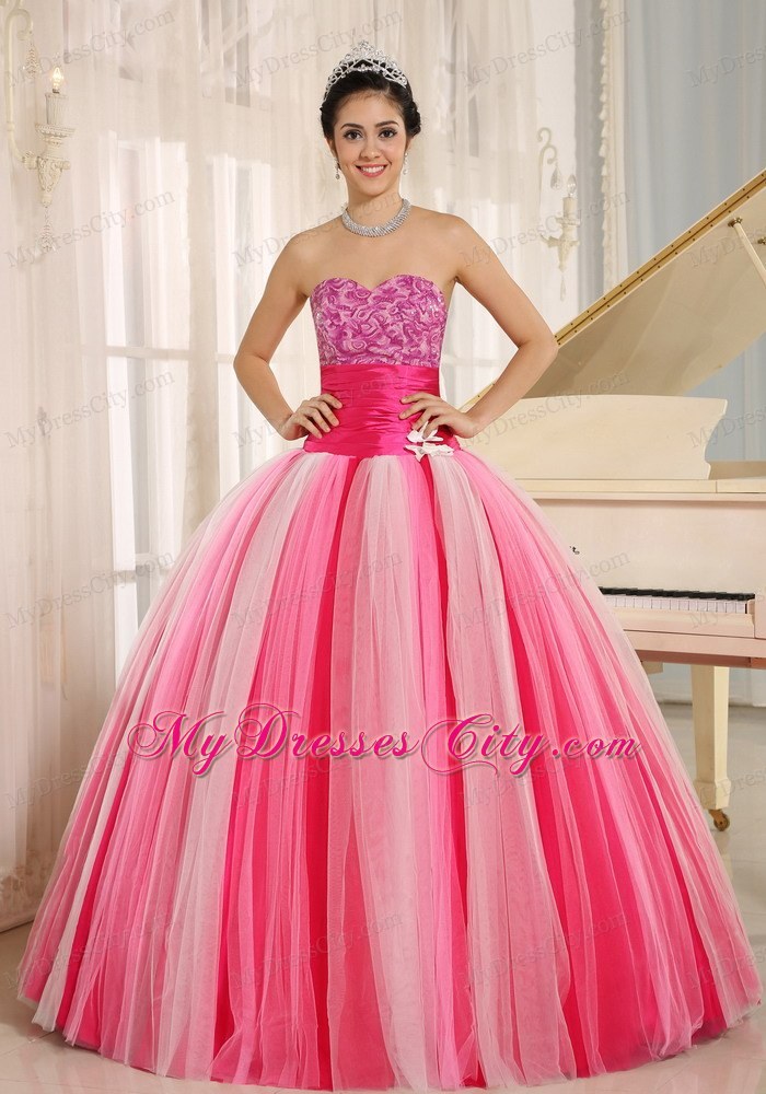 Varied Pink Tulle Quincanera Dress with Wide Sash