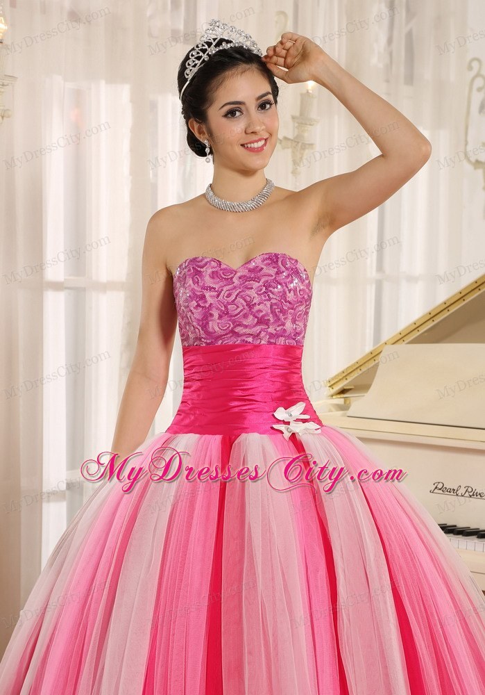 Varied Pink Tulle Quincanera Dress with Wide Sash