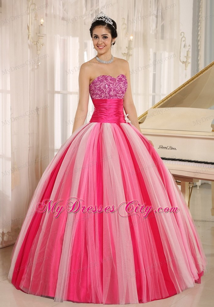 Varied Pink Tulle Quincanera Dress with Wide Sash