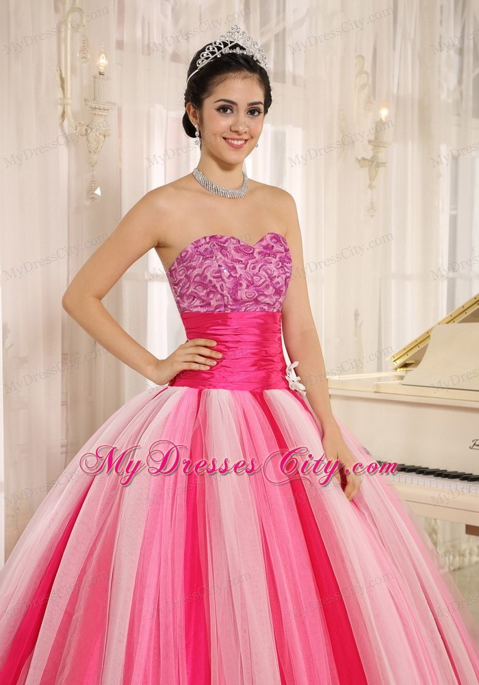 Varied Pink Tulle Quincanera Dress with Wide Sash