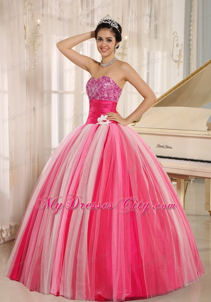 Varied Pink Tulle Quincanera Dress with Wide Sash