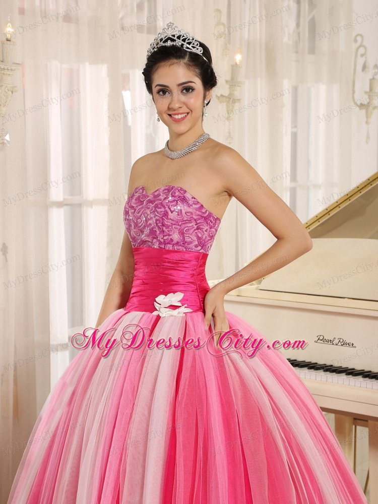 Varied Pink Tulle Quincanera Dress with Wide Sash