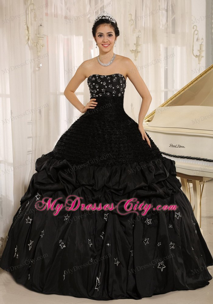 Stars Appliques and Pick-ups On Strapless Black Quinceanera Dress