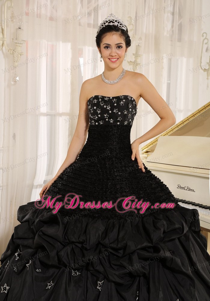 Stars Appliques and Pick-ups On Strapless Black Quinceanera Dress