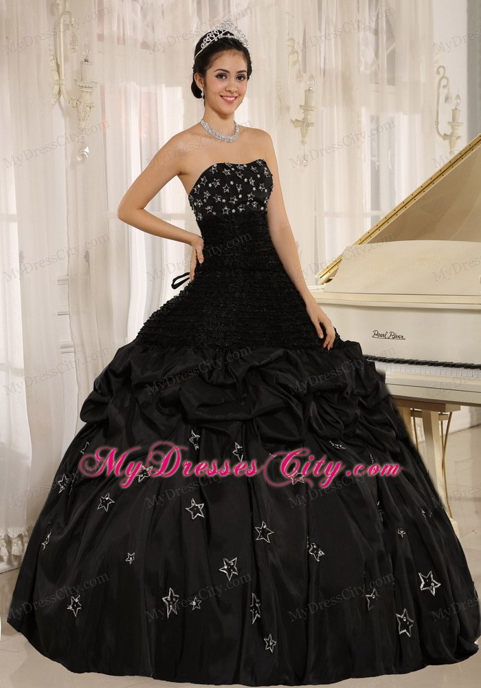 Stars Appliques and Pick-ups On Strapless Black Quinceanera Dress