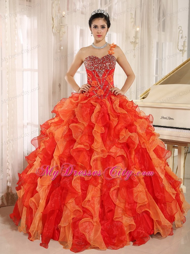 Orange Red One Shoulder Ruffled Quinceanera Dress