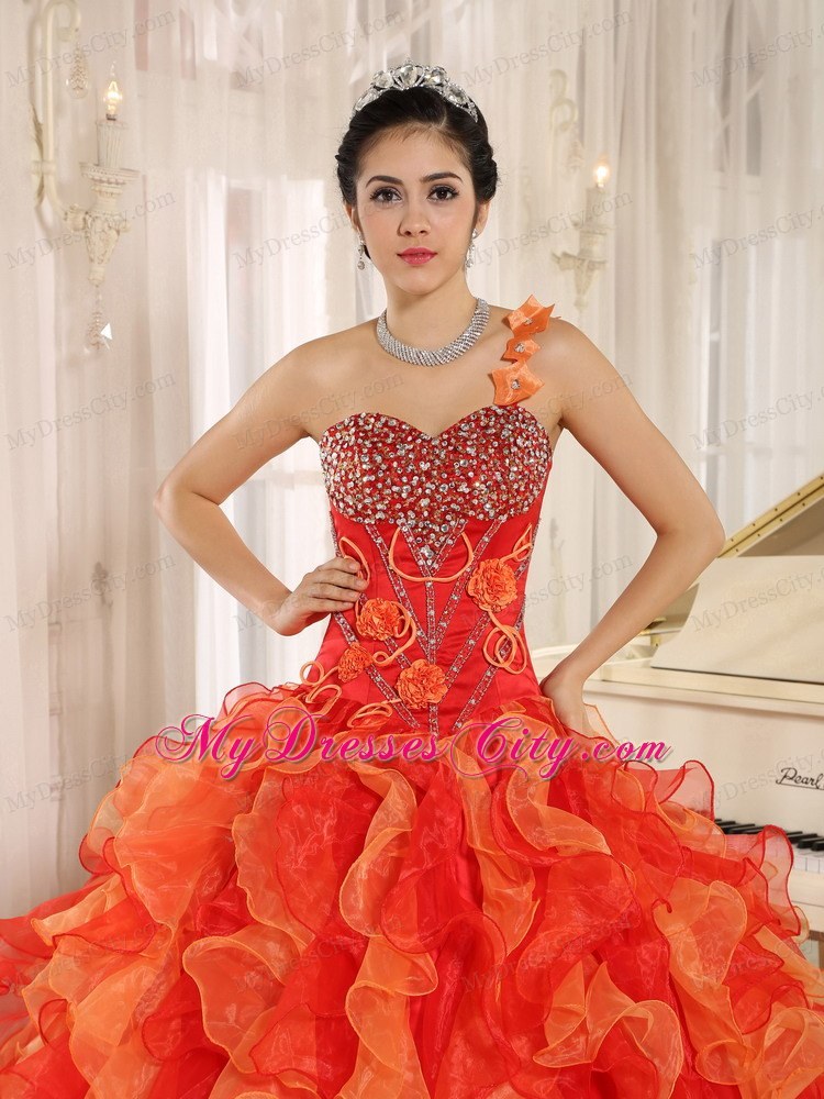 Orange Red One Shoulder Ruffled Quinceanera Dress