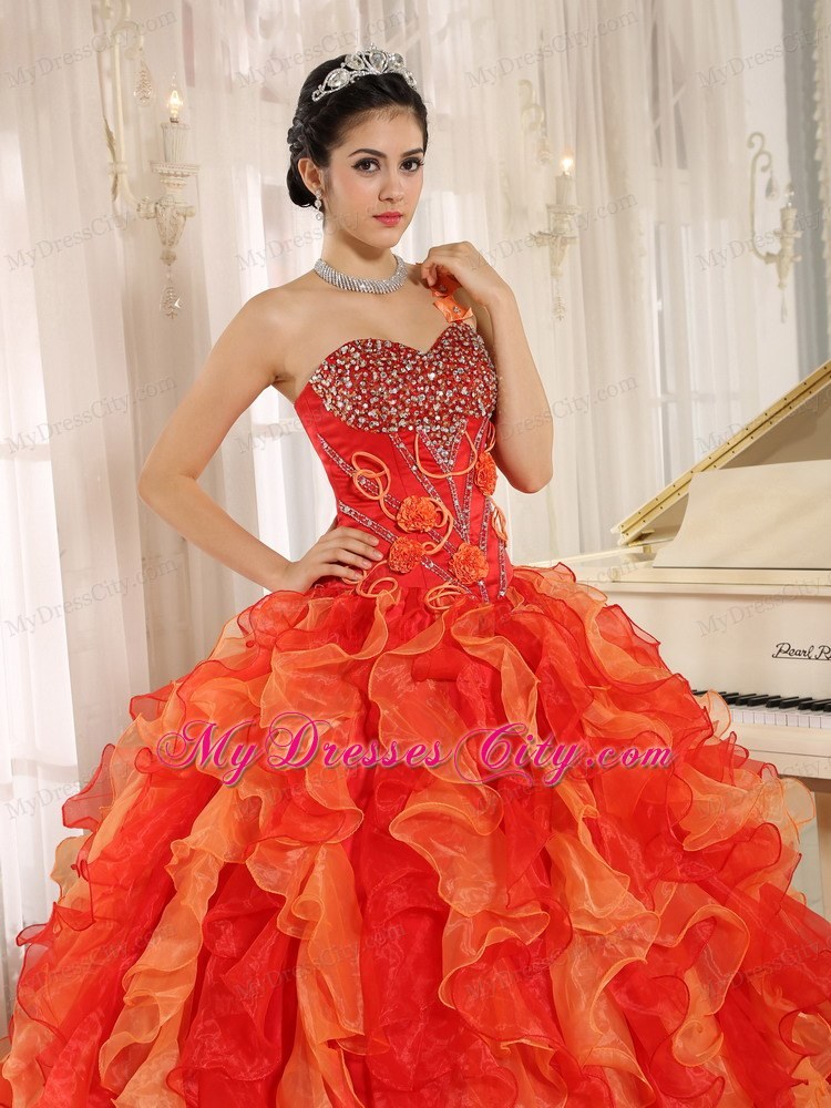 Orange Red One Shoulder Ruffled Quinceanera Dress