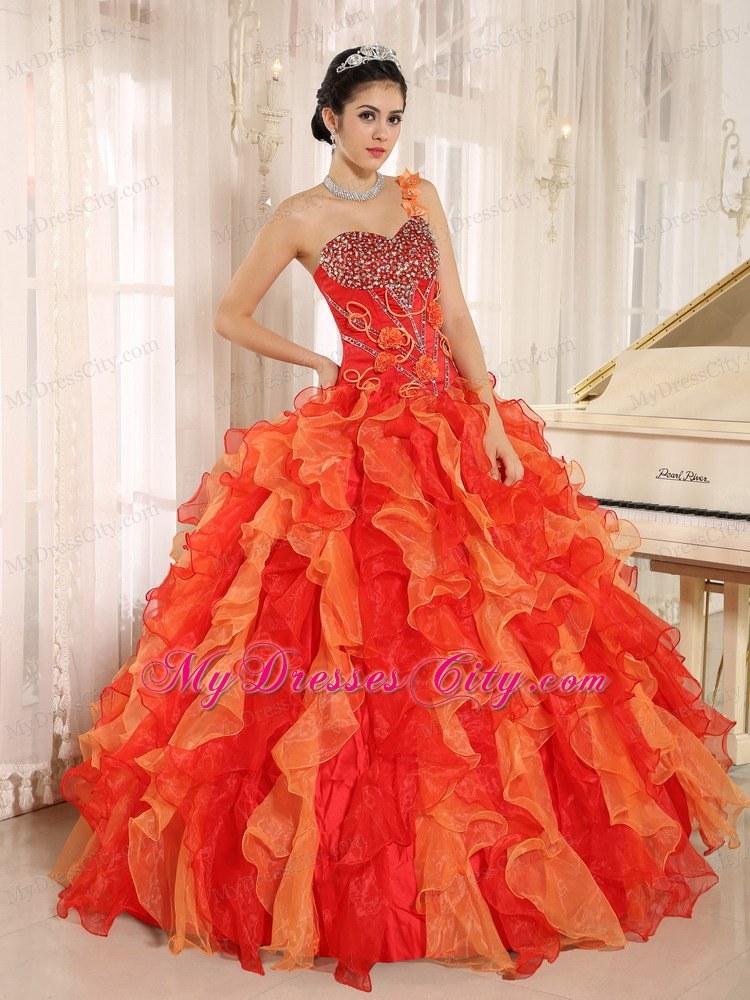 Orange Red One Shoulder Ruffled Quinceanera Dress