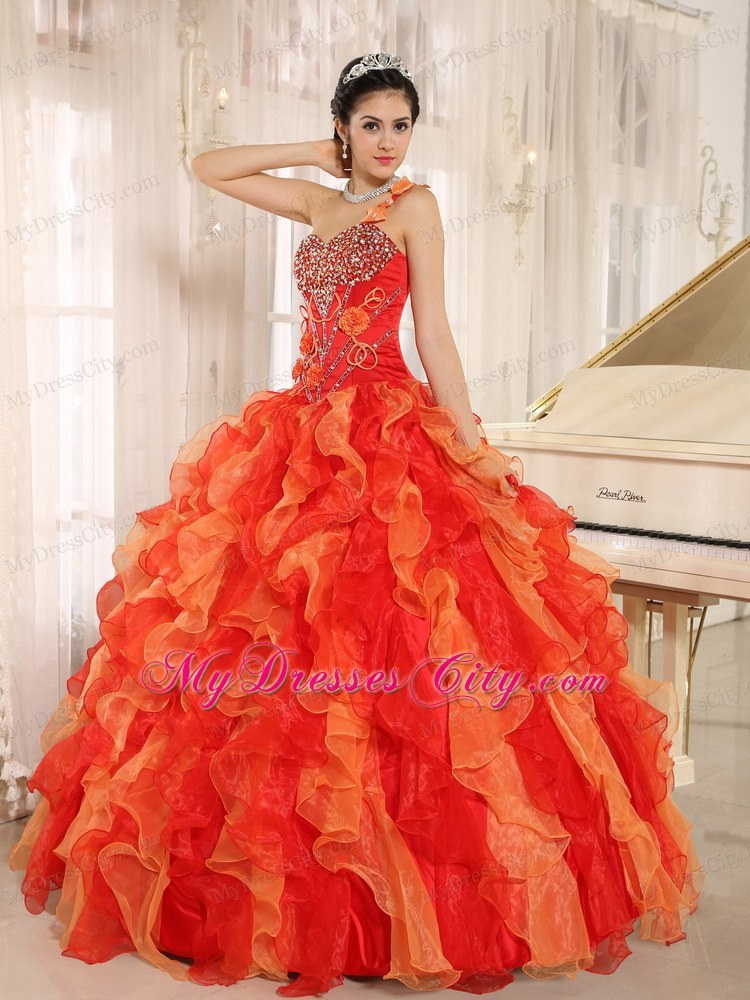 Orange Red One Shoulder Ruffled Quinceanera Dress