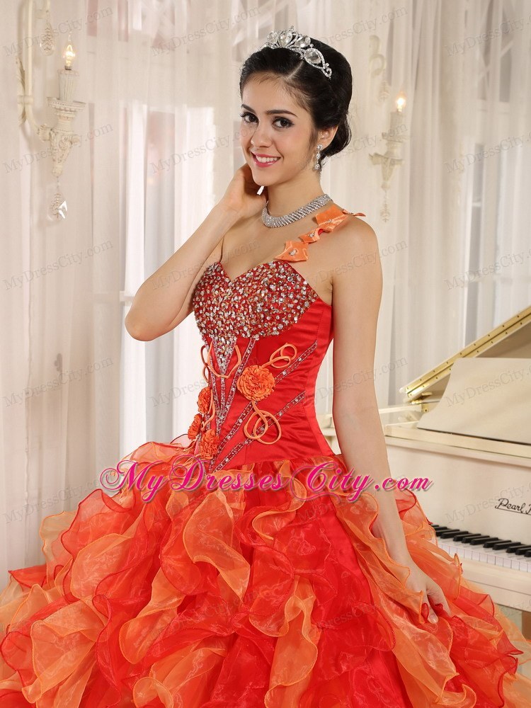 Orange Red One Shoulder Ruffled Quinceanera Dress