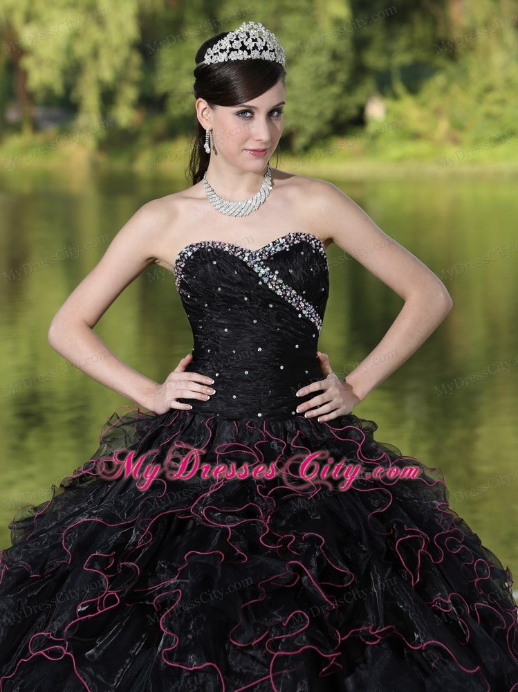 Black Quinceanera Dress with Beadings and Red Hemline Ruffles