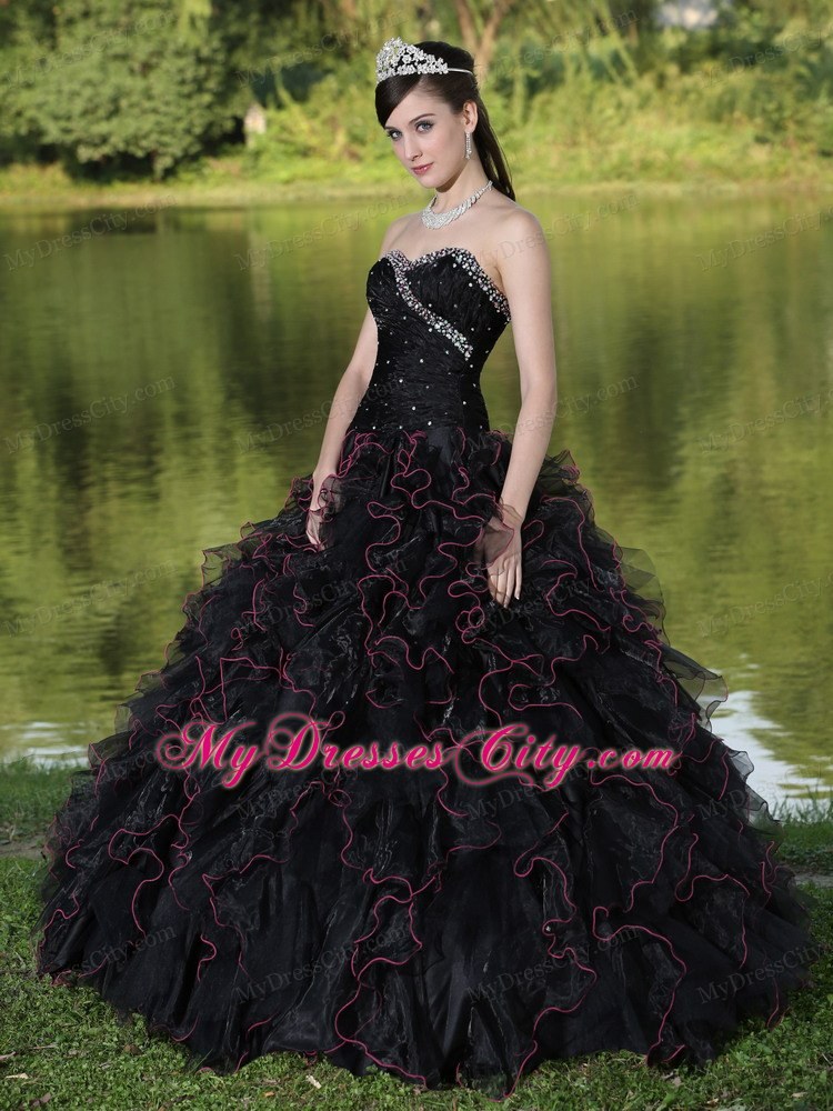 Black Quinceanera Dress with Beadings and Red Hemline Ruffles