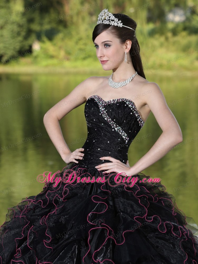 Black Quinceanera Dress with Beadings and Red Hemline Ruffles