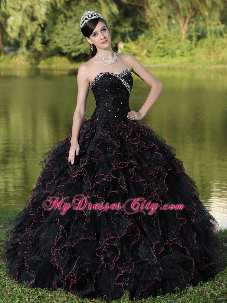 Black Quinceanera Dress with Beadings and Red Hemline Ruffles