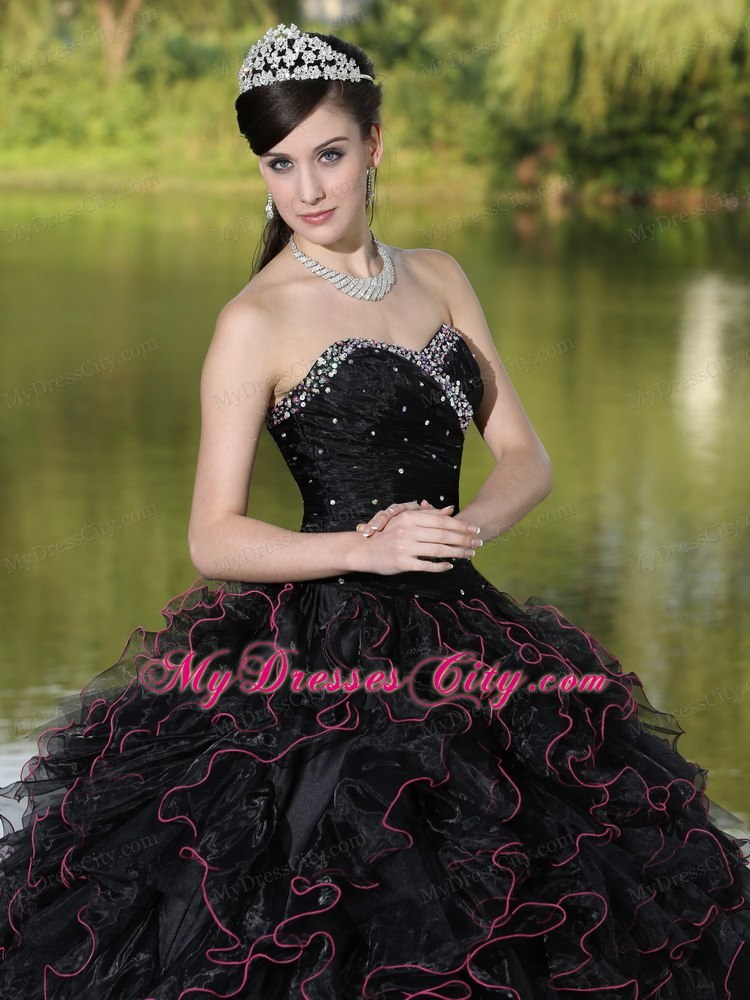 Black Quinceanera Dress with Beadings and Red Hemline Ruffles