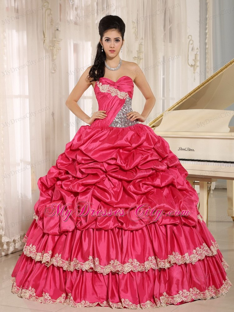 Layered Appliques-frilly and Pick-ups Quinceanera Dress in Hot Pink