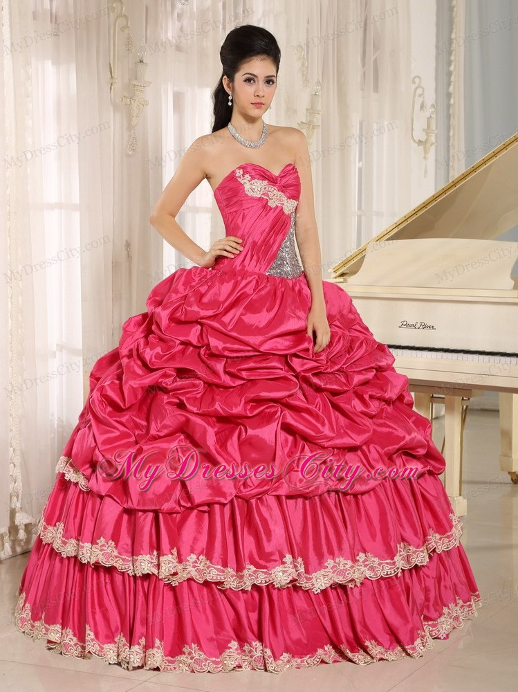 Layered Appliques-frilly and Pick-ups Quinceanera Dress in Hot Pink