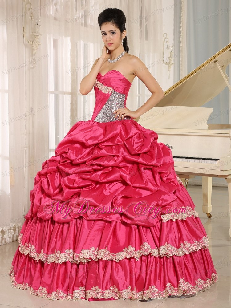 Layered Appliques-frilly and Pick-ups Quinceanera Dress in Hot Pink