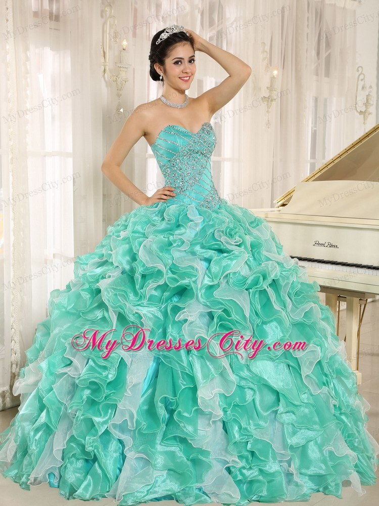 Apple Green Beaded Bodice and Ruffled Quinceanera Dress