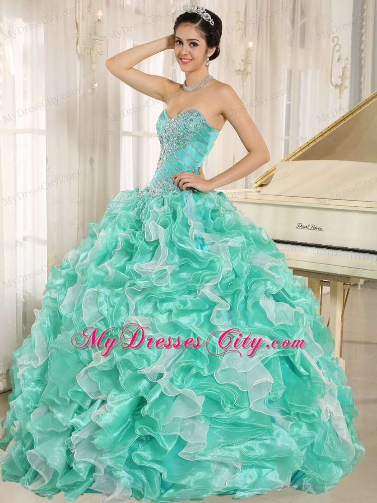 Apple Green Beaded Bodice and Ruffled Quinceanera Dress