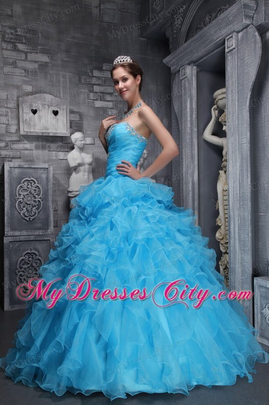 Aqua Blue Quinceanera Dress with Beadings and Puffy Ruffles