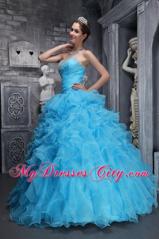 Aqua Blue Quinceanera Dress with Beadings and Puffy Ruffles