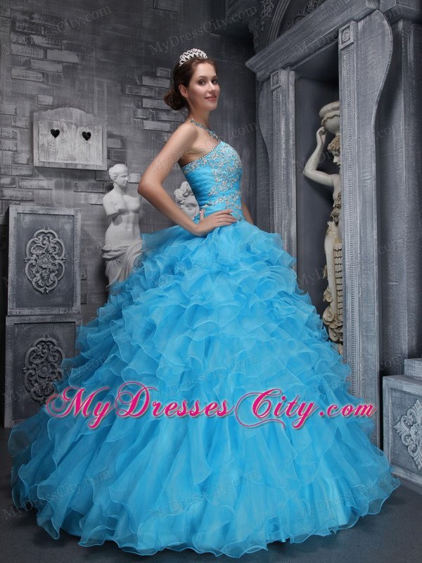 Aqua Blue Quinceanera Dress with Beadings and Puffy Ruffles