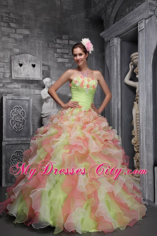 Colored Beaded and Ruffled Quinceanera Dress with Hand-made Flowers