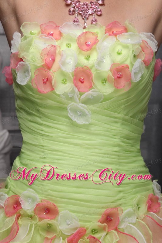 Colored Beaded and Ruffled Quinceanera Dress with Hand-made Flowers