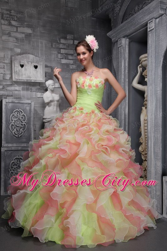 Colored Beaded and Ruffled Quinceanera Dress with Hand-made Flowers