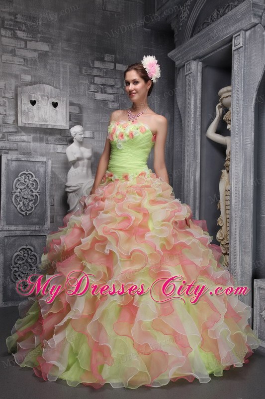 Colored Beaded and Ruffled Quinceanera Dress with Hand-made Flowers