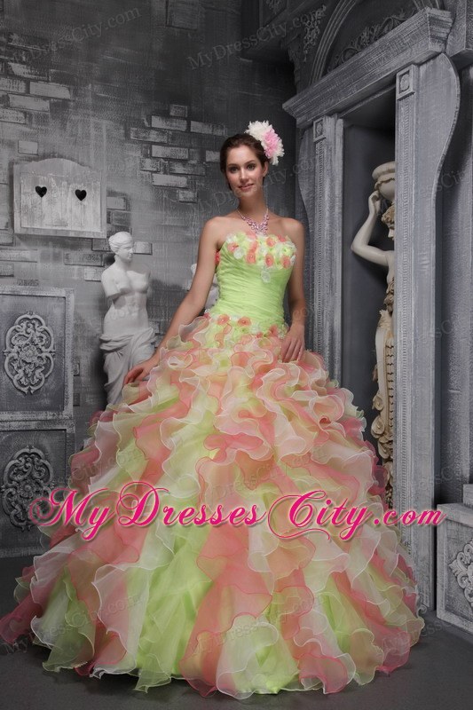 Colored Beaded and Ruffled Quinceanera Dress with Hand-made Flowers