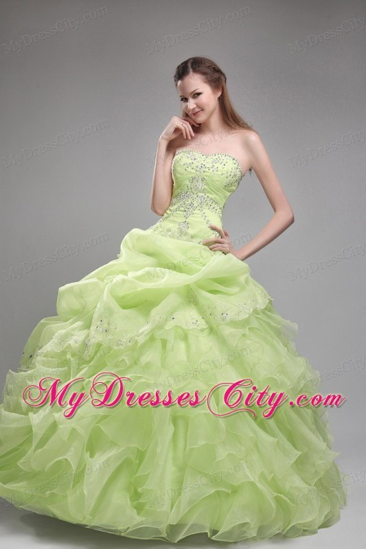 Spring Green Bodice Beaded and Ruffled Quinceanera Dress