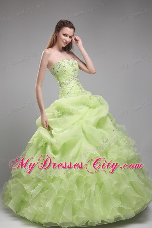 Spring Green Bodice Beaded and Ruffled Quinceanera Dress