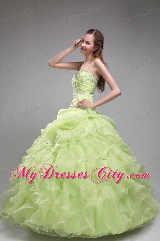 Spring Green Bodice Beaded and Ruffled Quinceanera Dress