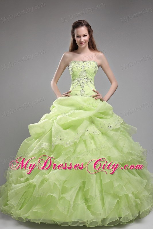 Spring Green Bodice Beaded and Ruffled Quinceanera Dress