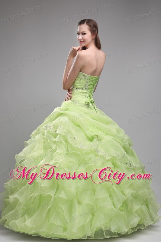 Spring Green Bodice Beaded and Ruffled Quinceanera Dress