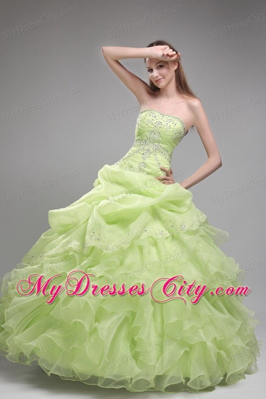 Spring Green Bodice Beaded and Ruffled Quinceanera Dress