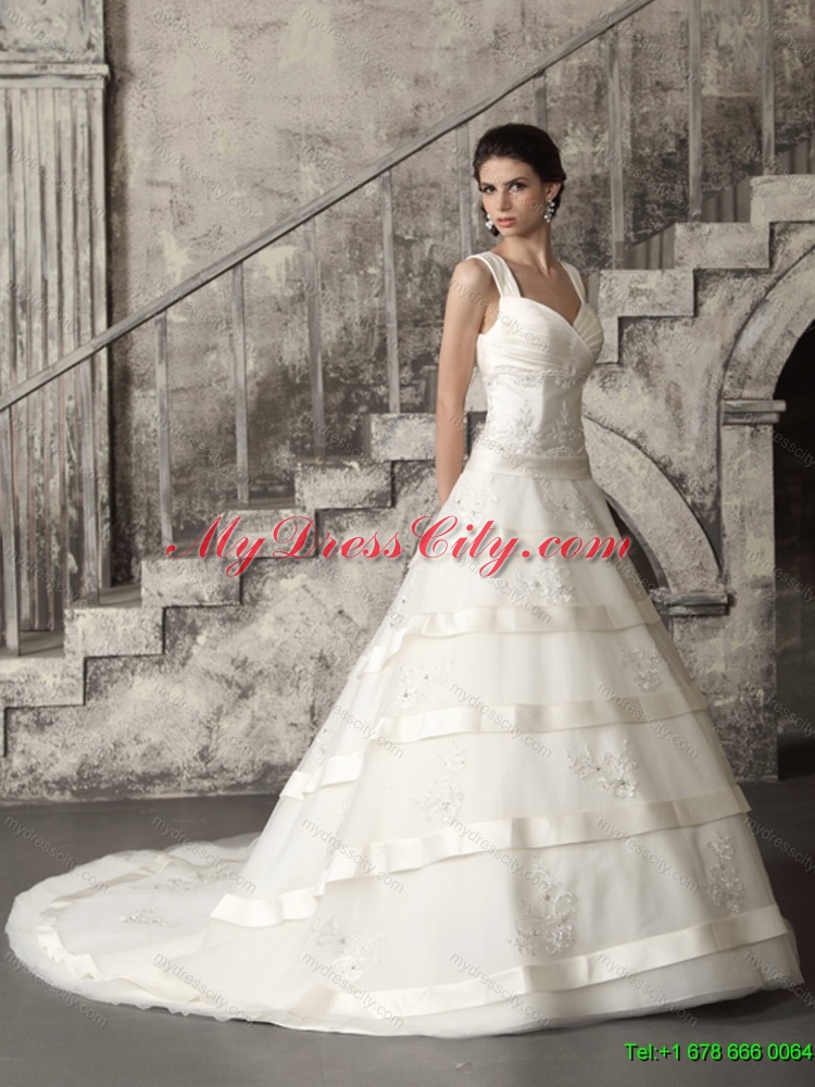 Beaded Brush Train Ruched Wedding Dresses in White