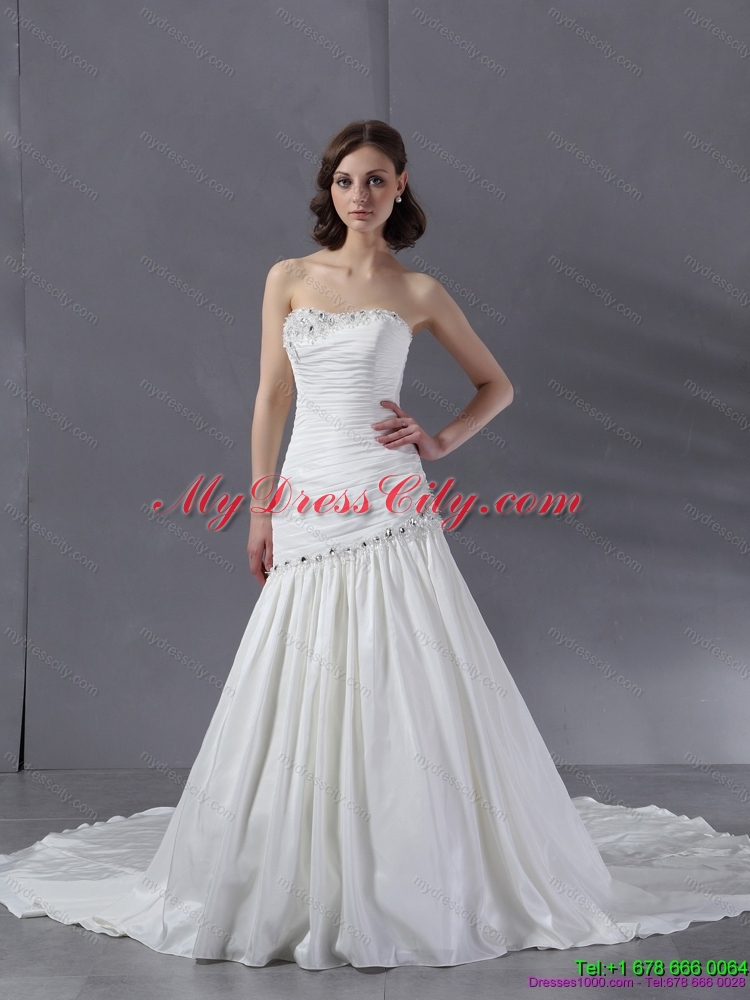 Ruched Beaded Strapless White Wedding Dresses with Chapel Train