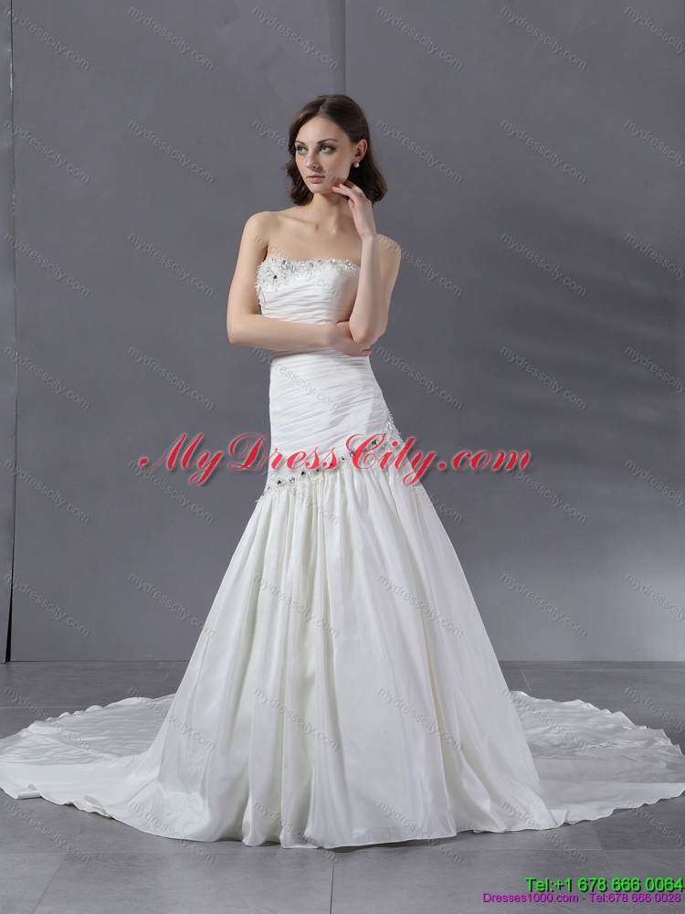 Ruched Beaded Strapless White Wedding Dresses with Chapel Train