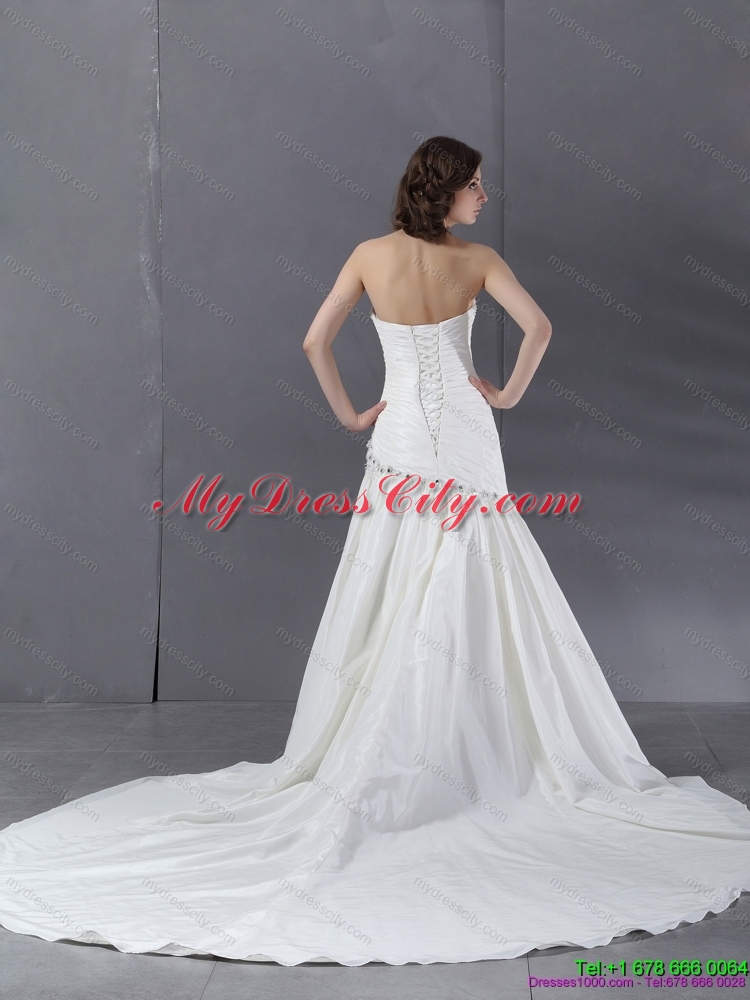 Ruched Beaded Strapless White Wedding Dresses with Chapel Train