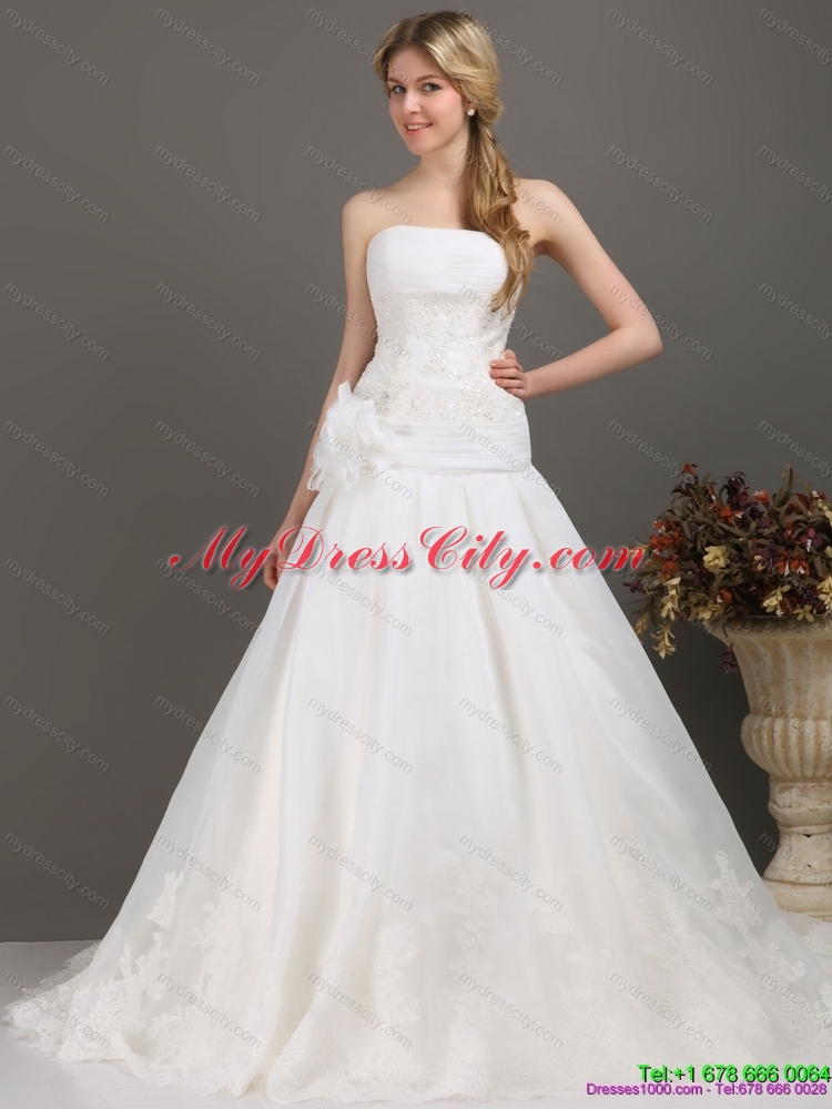 Ruched Beaded White Wedding Dresses with Brush Train and Hand Made Flower